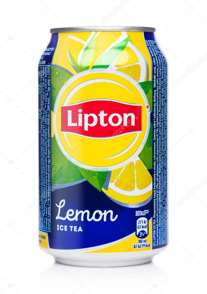 LONDON, UK - AUGUST 10, 2018: Aluminium can of Lipton Ice Tea with lemon flavour on white.