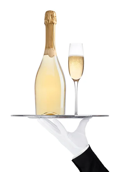 Ruka Rukavice Drží Tác Láhev Šampaňského Sklo Bílém Pozadí — Stock fotografie