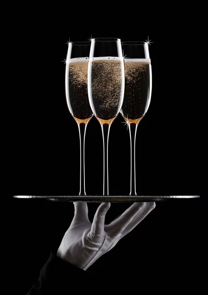 Hand Glove Holds Tray Pink Rose Champagne Glasses Bubbles Black — Stock Photo, Image