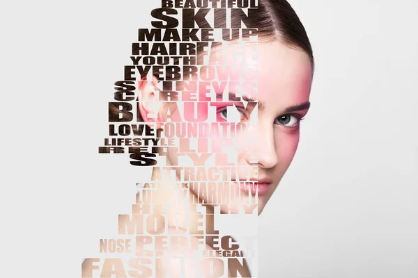 Beautiful Woman Portrait Skincare Concept Transparent Letters Face Grey Background — Stock Photo, Image