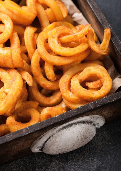 Curly Fries Fast Food Snack Wooden Box Kitchen Background Unhealthy — Stock Photo, Image