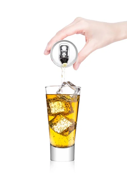 Female Hand Pouring Orange Energy Soda Drink Aluminium Can Glass — Stock Photo, Image