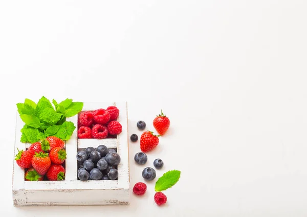 Fresh Raw Organic Berries White Wooden Box Kitchen Table Background — Stock Photo, Image