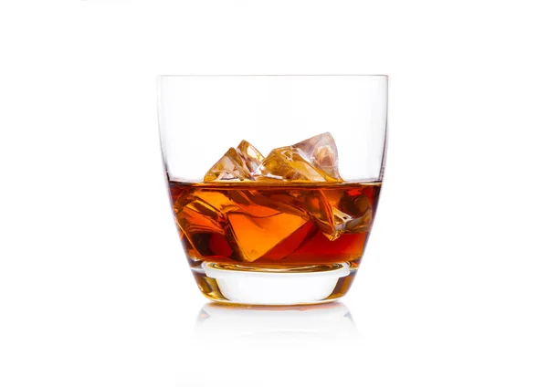 Glass Whiskey Ice Cubes White Background Cognac Brandy Drink — Stock Photo, Image