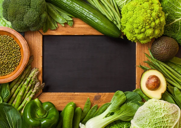 Assorted Green Toned Raw Organic Vegetables Next Vintage Chalk Menu — Stock Photo, Image