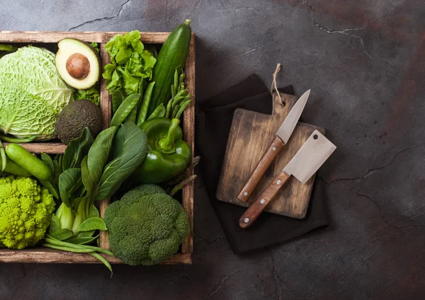 Assorted Green Toned Raw Organic Vegetables Wooden Box Dark Stone — Stock Photo, Image