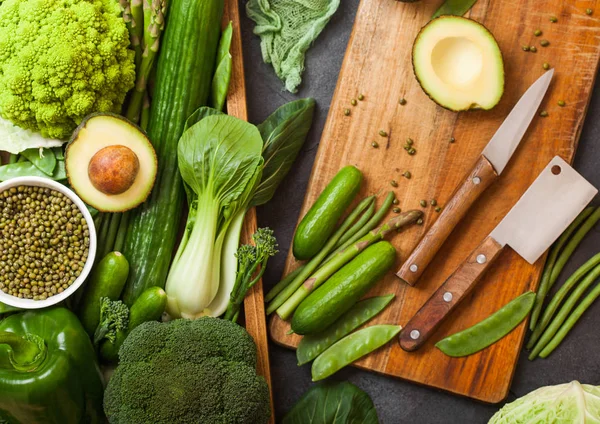 Assorted Green Toned Raw Organic Vegetables Wooden Box Dark Stone — Stock Photo, Image