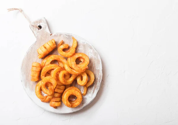Curly Fries Fast Food Snack Wooden Board Kitchen Background Unhealthy — Stock Photo, Image