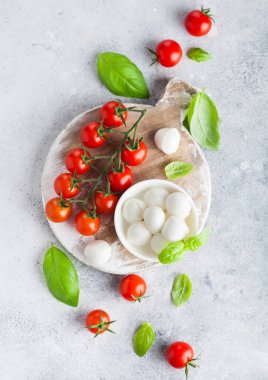Domates ve fesleğen yaprak taş mutfak arka plan üzerinde vintage Doğrama tahtası üzerinde taze Mini Mozzarella peyniri.