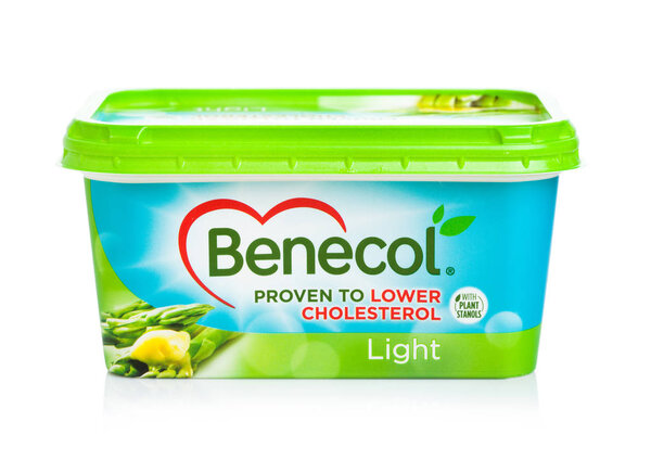 LONDON, UK - OCTOBER 05, 2018: Benecol Light Lower Cholesterol Butter on white background with reflection.