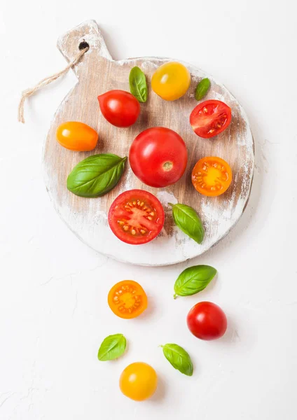 Organic Mini Tomatoes Basil Pepper Chopping Board Stone Kitchen Background — Stock Photo, Image