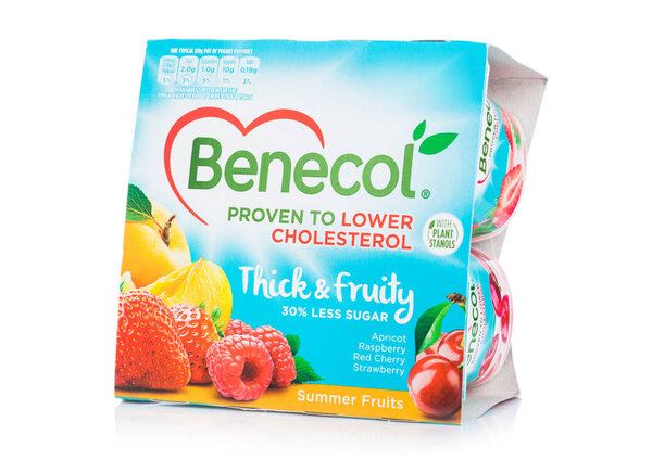 LONDON, UK - OCTOBER 20, 2018: Pack of Benecol lower cholesterol yogurt with summer fruits on white background