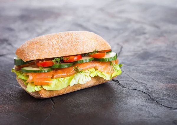 Fresh Healthy Salmon Sandwich Lettuce Cucumber Black Stone Background Breakfast — Stock Photo, Image