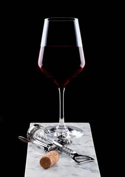 Glass Red Wine Marble Board Corkscrew Opener Cork Black — Stock Photo, Image