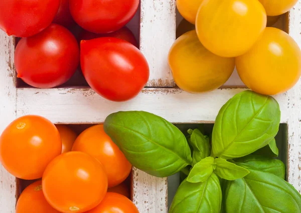 Organic Mini Tomatoes Basil Pepper Wooden Box Stone Kitchen Background — Stock Photo, Image