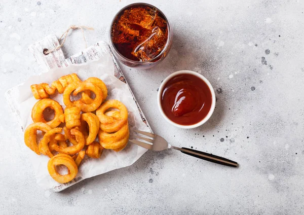 Curly Fries Fast Food Snack Wooden Board Ketchup Glass Cola — Stock Photo, Image