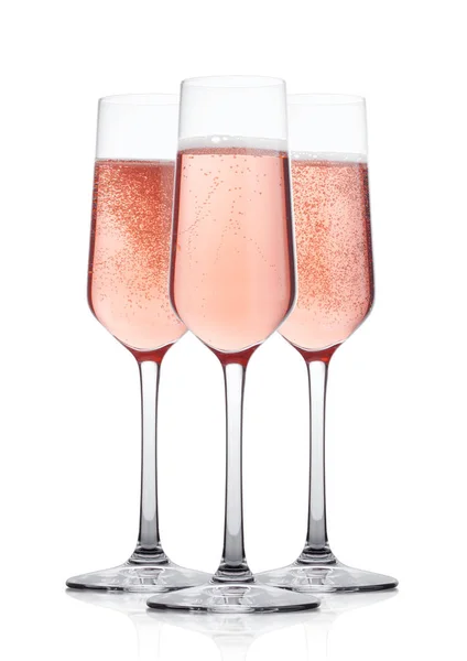 Elegantní Růžové Rose Šampaňské Brýle Bublinkami Bílém Pozadí Odleskem — Stock fotografie