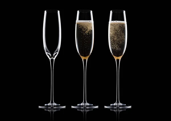 Elegant Glasses Yellow Champagne Bubbles Black Background Reflection — Stock Photo, Image