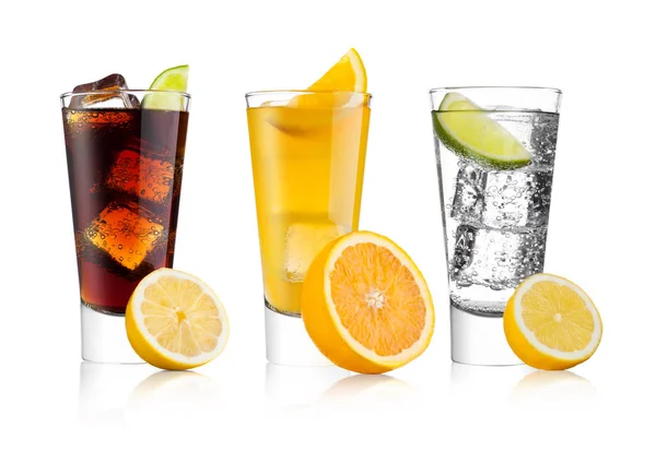 Glasses Cola Orange Soda Drink Lemonade Sparkling Water White Background — Stock Photo, Image