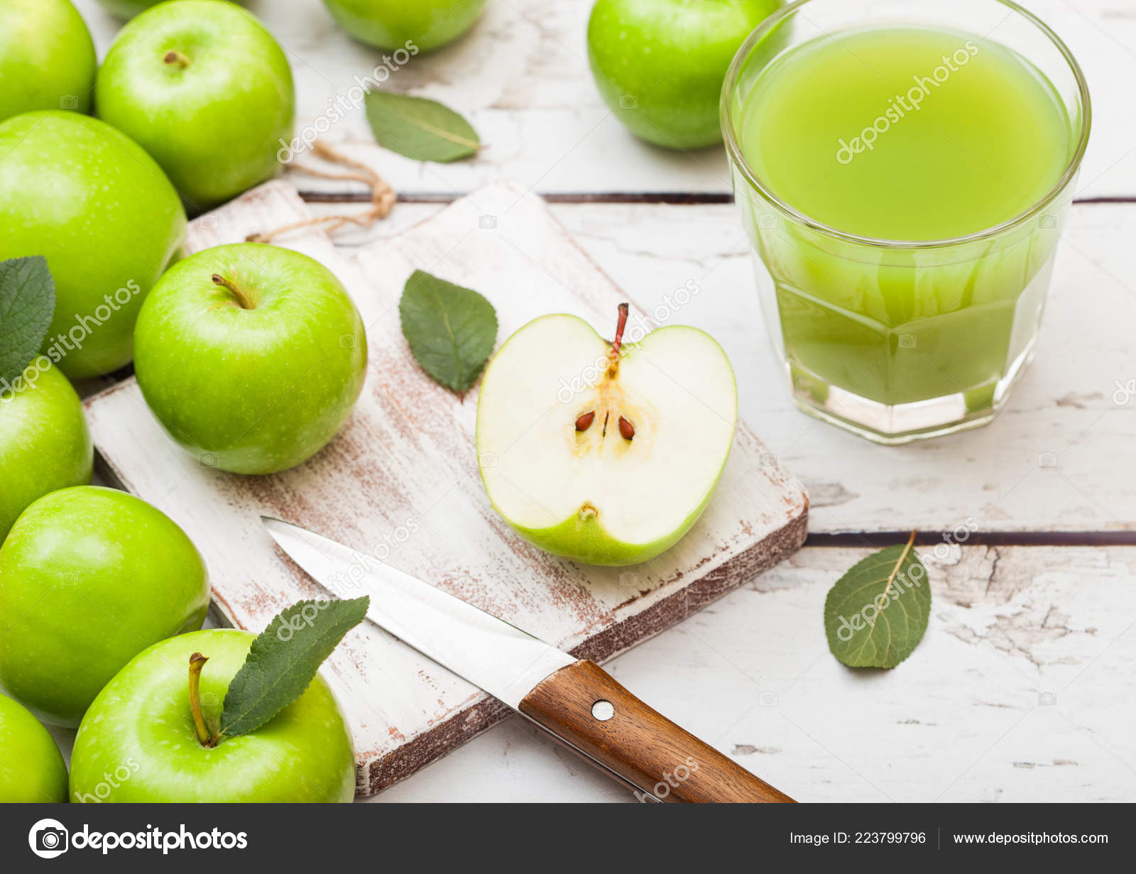 Glass Fresh Organic Apple Juice Green Apples Box Wood Background