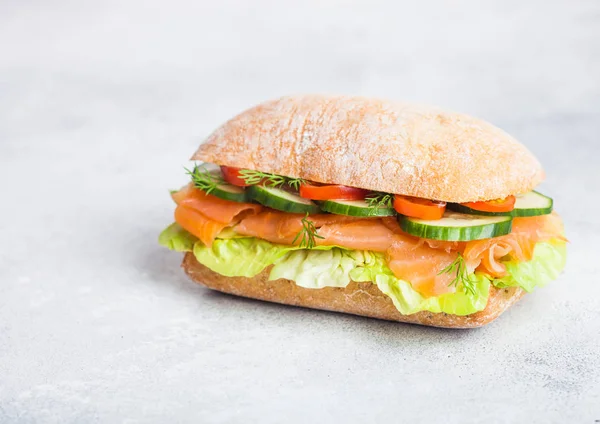 Fräsch Frisk Lax Smörgås Med Sallad Och Gurka Vit Sten — Stockfoto