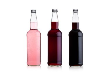 Bottless of sparkling pink soda lemonade and cola on white background with reflectio clipart