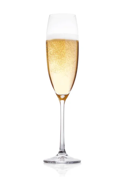 Elegant Glass Yellow Champagne Bubbles White Background Reflection — Stock Photo, Image