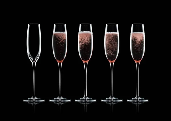 Rose Pink Champagne Glasses Bubbles Black Background Reflection — Stock Photo, Image