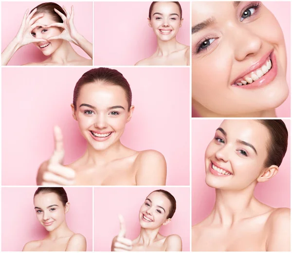 Collage Beauty Girl Natural Makeup Spa Skin Care Gorgeous Smile — Stock Photo, Image