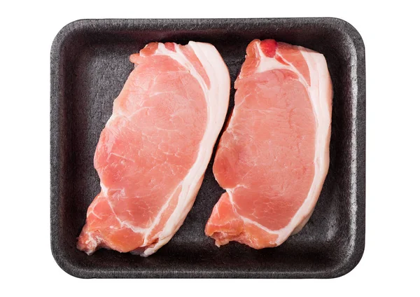 Raw Pork Loin Chops Plastic Tray Isolated White Background — Stock Photo, Image