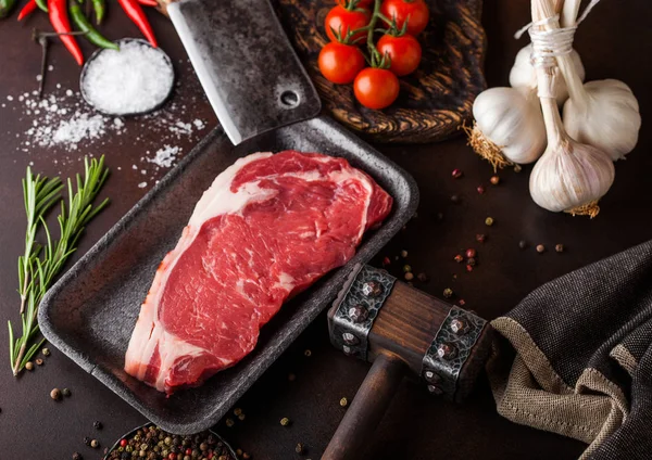 Raw Sirloin Beef Steak Plastic Tray Salt Pepper Vintage Meat — Stock Photo, Image