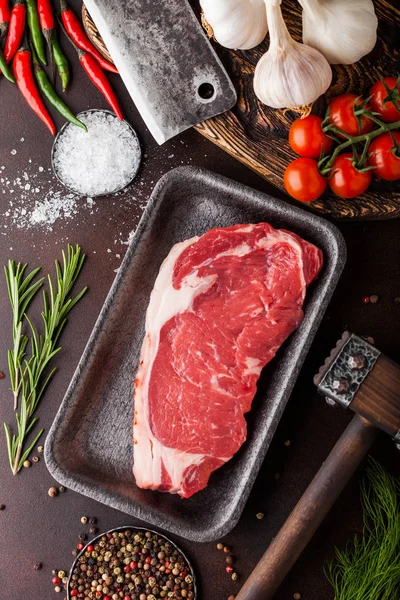 Raw Sirloin Beef Steak Plastic Tray Salt Pepper Vintage Meat — Stock Photo, Image