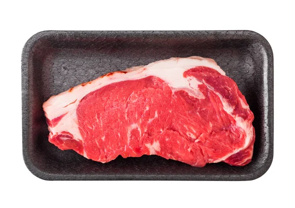 Steak Bœuf Aloyau Cru Frais Dans Plateau Plastique Sur Fond — Photo