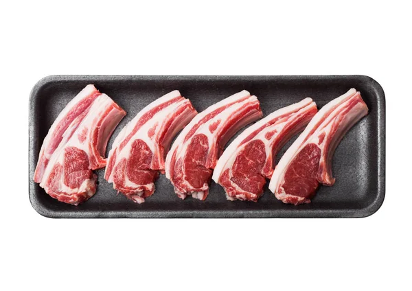 Fresh Raw Butchers Lamb Beef Cutlets Plastic Tray White — Stock Photo, Image