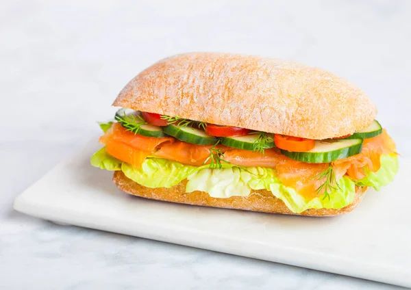 Fresh Healthy Salmon Sandwich Lettuce Cucumber Marble Board White Stone — Stock Photo, Image