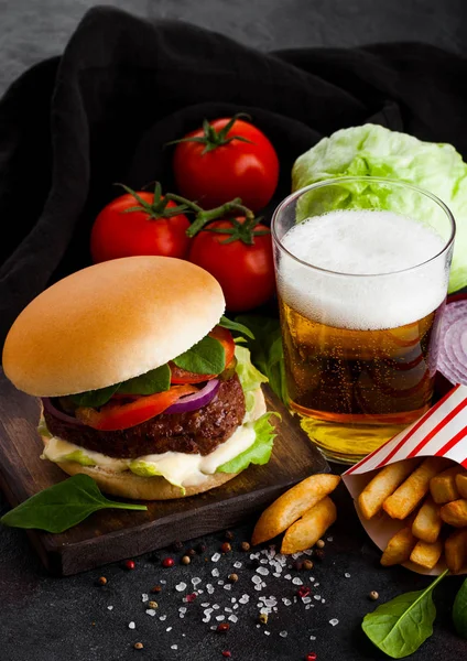 Fresh Beef Burger Sauce Vegetables Glass Lager Craft Beer Potato — Stock Photo, Image