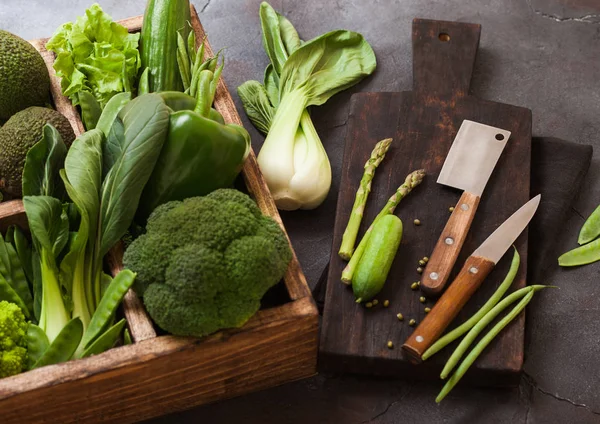 Assorted Green Toned Raw Organic Vegetables Wooden Box Dark Stone — Stock Photo, Image