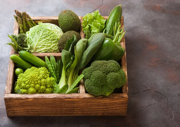 Assorted Green Toned Raw Organic Vegetables Wooden Box Dark Stone — Stock Photo, Image