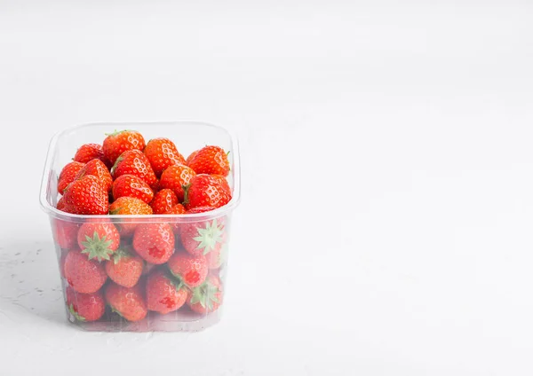 Plastic Tray Container Fresh Organic Healthy Strawberries Stone Kitchen Table — Stock Photo, Image