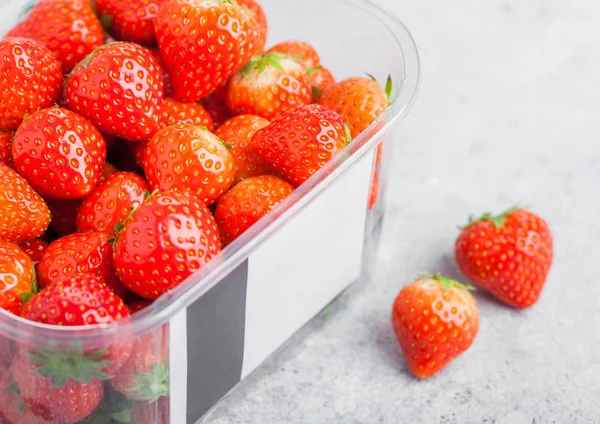 Kunststoff Tablett Behälter Mit Frischen Bio Gesunde Erdbeeren Auf Stein — Stockfoto
