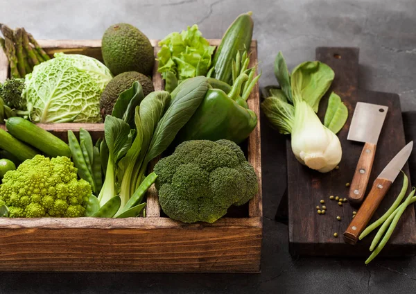Assorted Green Toned Raw Organic Vegetables Wooden Box Dark Stone — Stock Photo, Image