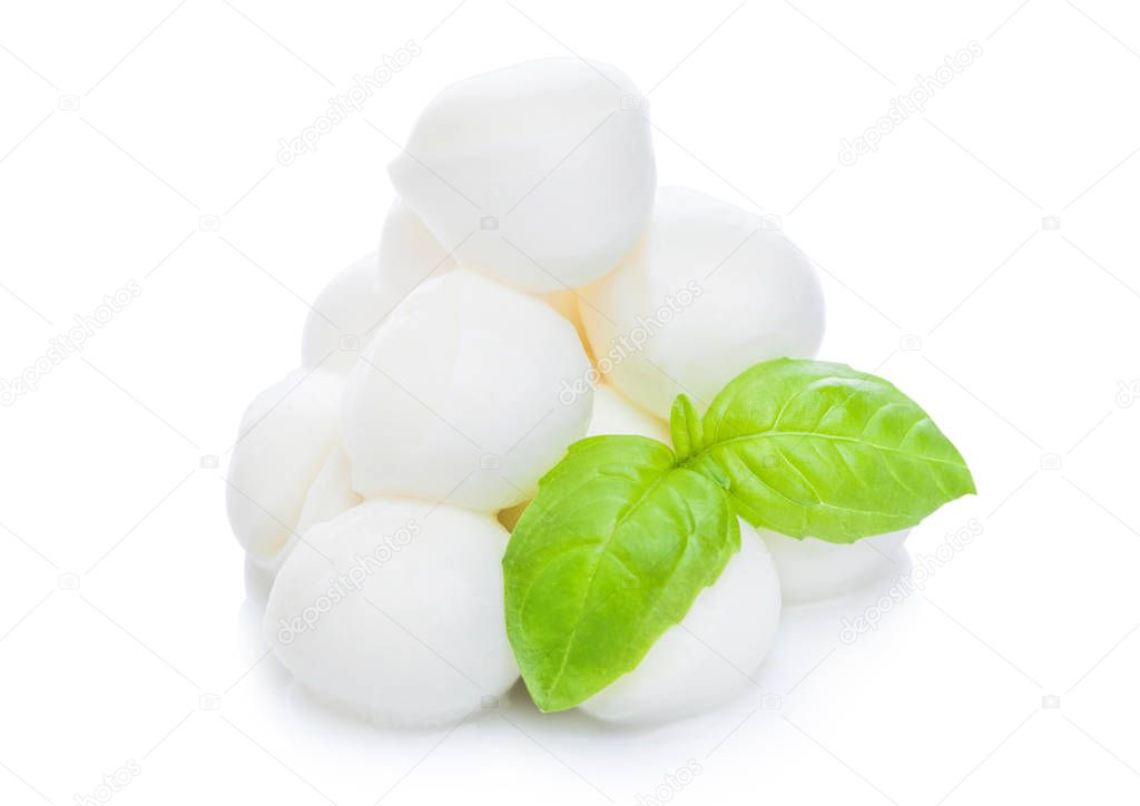 Fresh Mozzarella cheese and basil leaf on white background with reflection