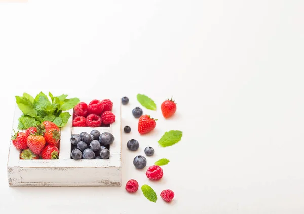 Fresh Raw Organic Berries White Wooden Box Kitchen Table Background — Stock Photo, Image