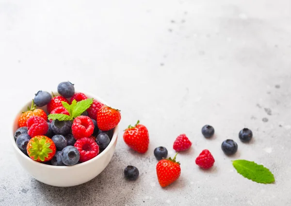 Fresh Raw Organic Berries White Ceramic Bowl Kitchen Table Background — Stock Photo, Image