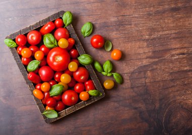 Organik domates fesleğen ahşap mutfak arka plan vintage ahşap kutusunda ile.