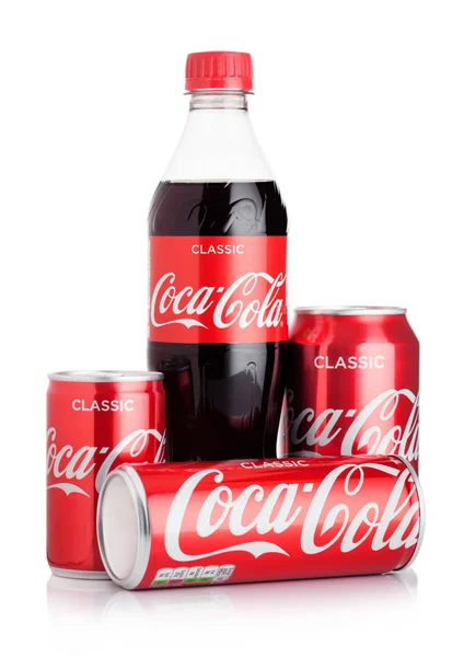 London February 2019 Bottle Aluminium Cans Original Coca Cola Soft — Stock Photo, Image