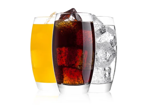 Glasses of cola and orange soda drink and lemonade — Stock Photo, Image