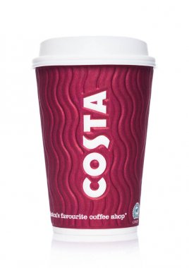 Londra, İngiltere - 15 Nisan 2019: Costa Coffee Paper Cup beyaz arka plan üzerinde ortasında logosu ile ünlü kahve dükkanı zincirinden.