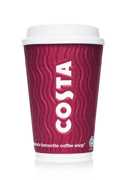 Londra, İngiltere - 15 Nisan 2019: Costa Coffee Paper Cup beyaz arka plan üzerinde ortasında logosu ile ünlü kahve dükkanı zincirinden.