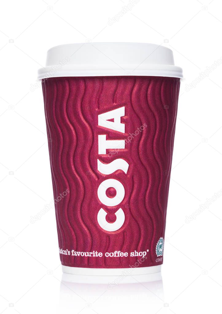 LONDON, UK - APRIL 15, 2019: Costa Coffee Paper Cup from the famous coffee shop chain with logo in the middle on white.